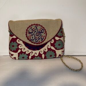 Suzani hand made Embroidered Tan, Red and Green Women Bag